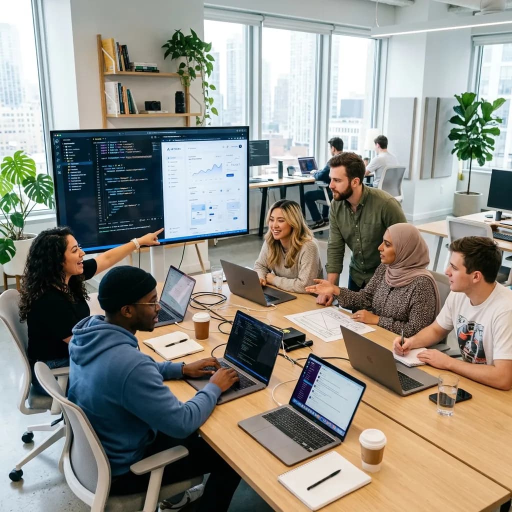 Veloxa web development team collaborating in a modern office